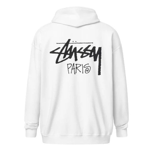 Stussy Paris Zip Up White Hoodie | Stussy Hoodie